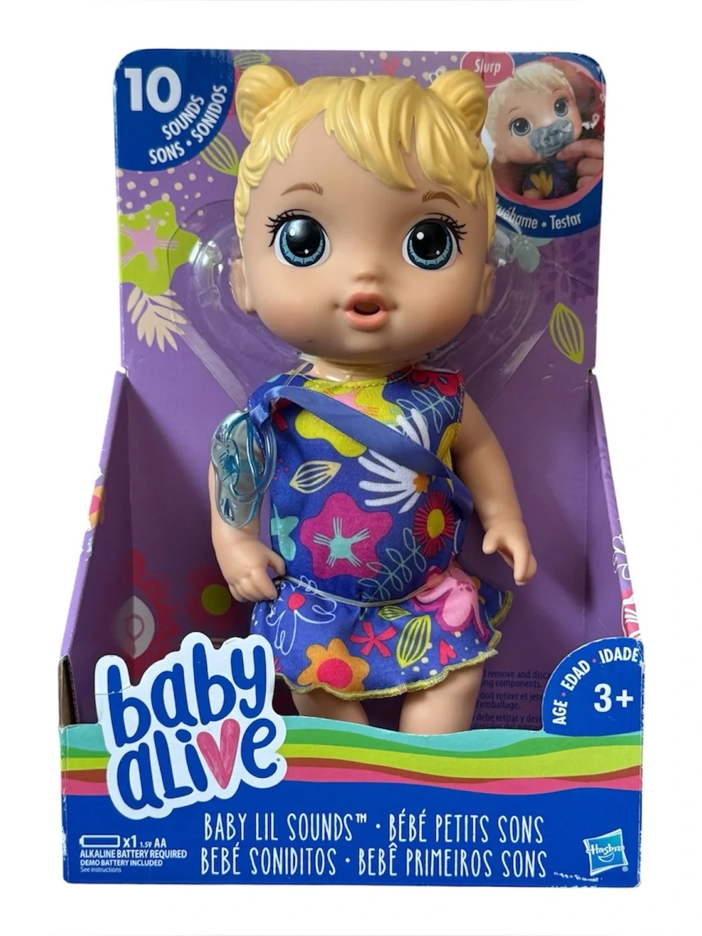 Baby Alive Baby Lil Sounds Blonde Doll in Blue Floral Outfit NEW